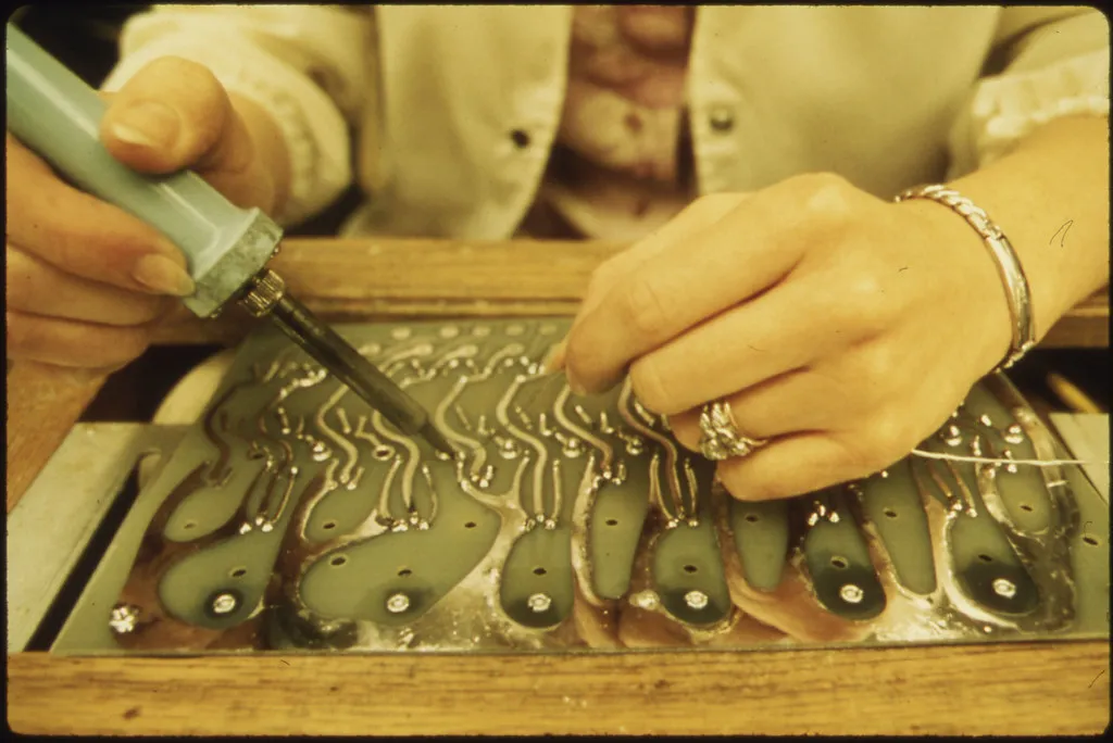 Closeup of an Employee Working with a Solderer on One of the Products Made by the 3m Co.(Minnesota Mining and Manufacturing)...