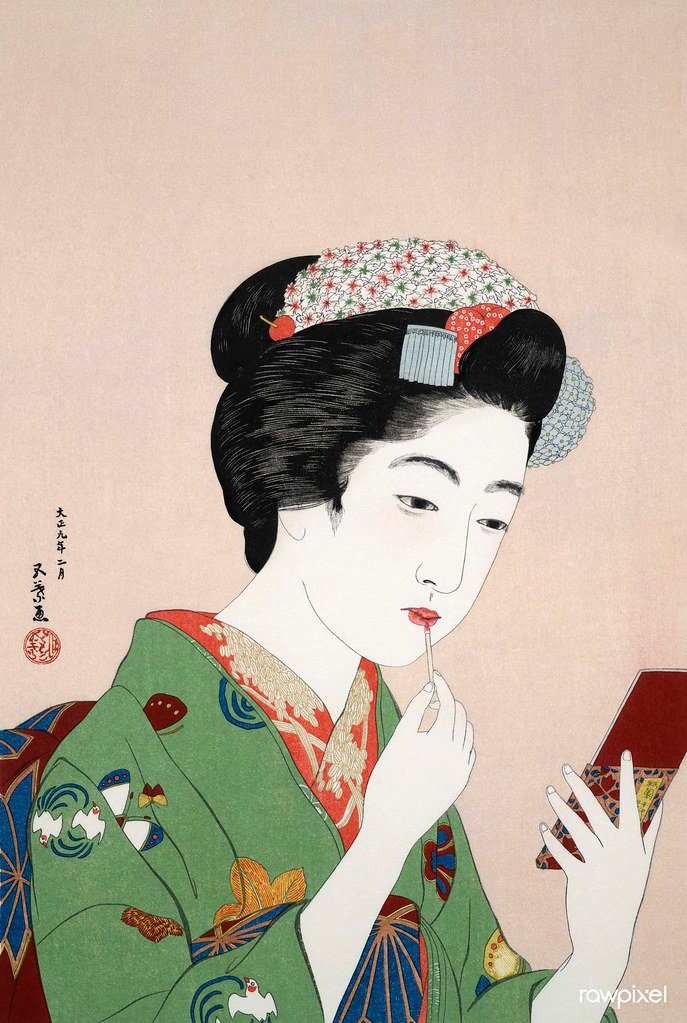 Woman Applying Rouge (1920) print in high resolution by Goyō Hashiguchi. Original from the Yale University Art Gallery. Digitally enhanced by rawpixel.