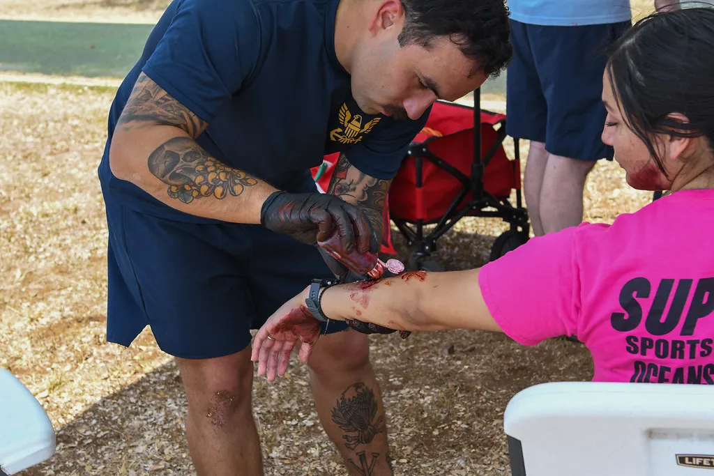 Moulage application for mass casualty exercise 220811-N-WF582-701