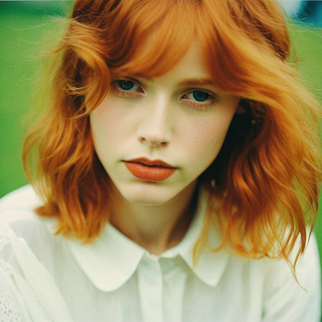 a close up of a person with red hair, style of angela deane, infp girl, young blonde woman, tense look, eora, beautiful female white, inspired by Leila Faithfull, short wavy hair, very orange, lilith, dreamy style, pout, sylvan glade, book, ophelia