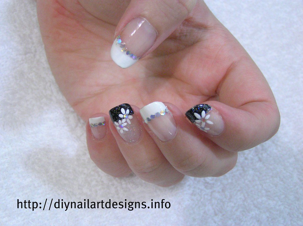 DIY Nail Art Designs: Black and White French Manicure with Hand painted Flowers and Glitter