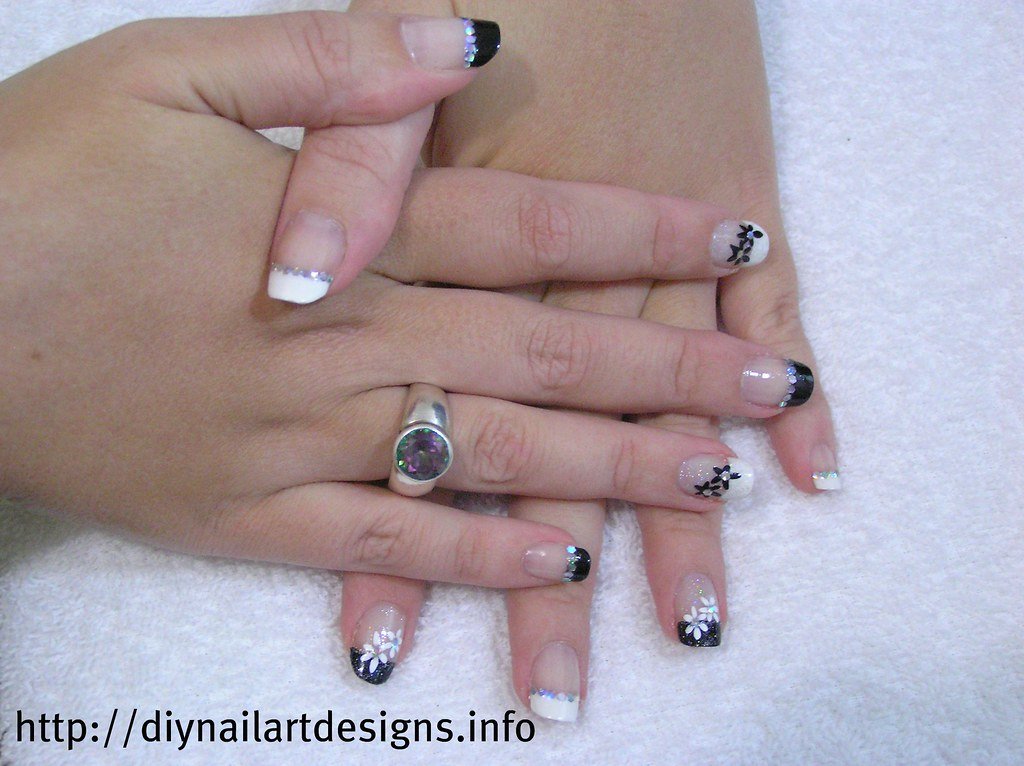 DIY Nail Art Designs: Black and White French Manicure with Hand painted Flowers and Glitter
