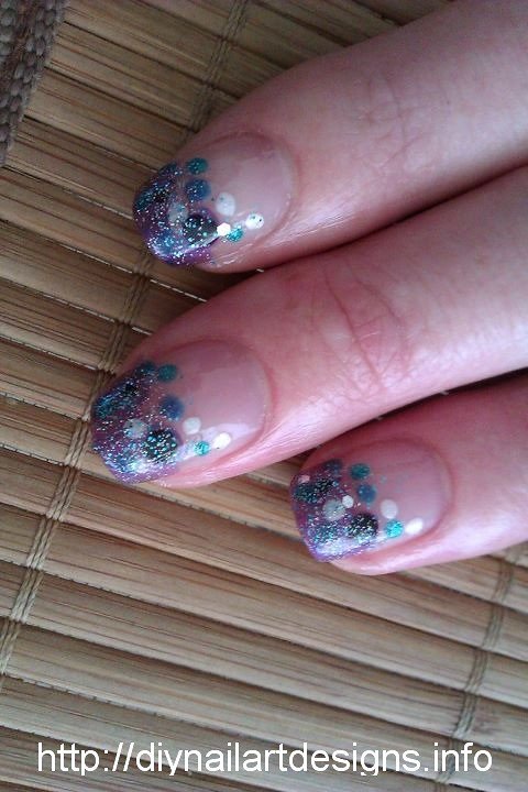 Blue and purple polka dot French manicure nail art