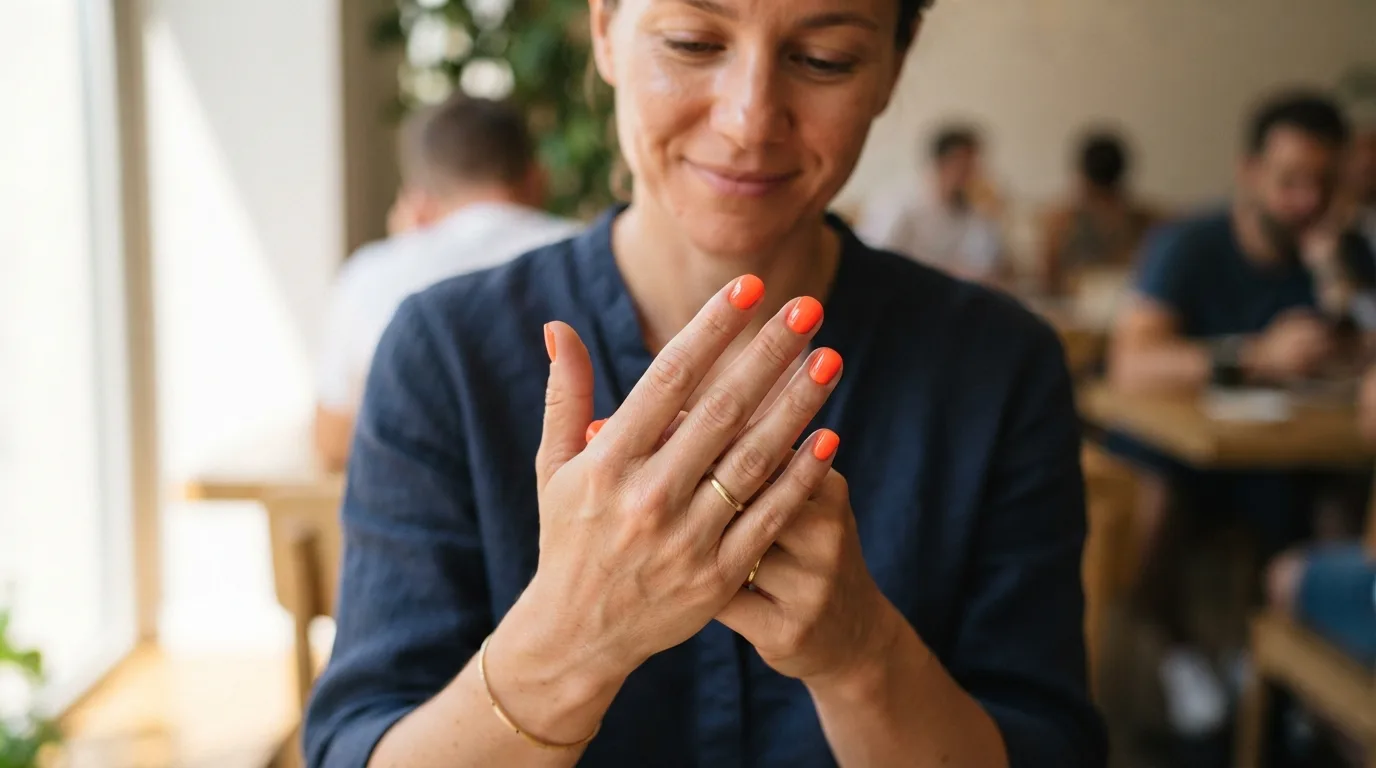 a woman showing her neon orange painted nails