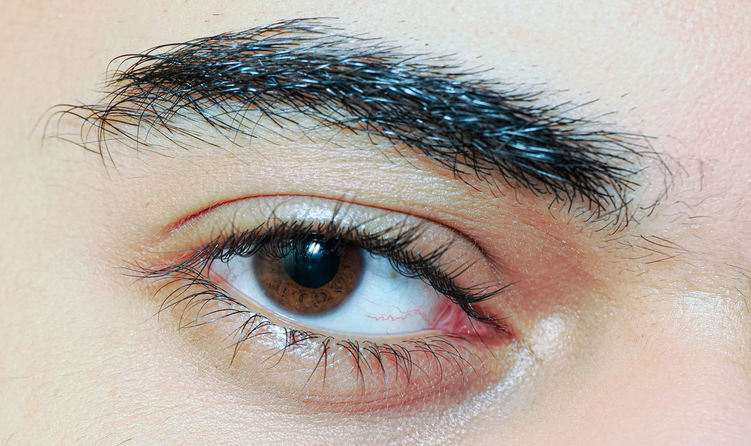 A close up of a person's eye with black hair
