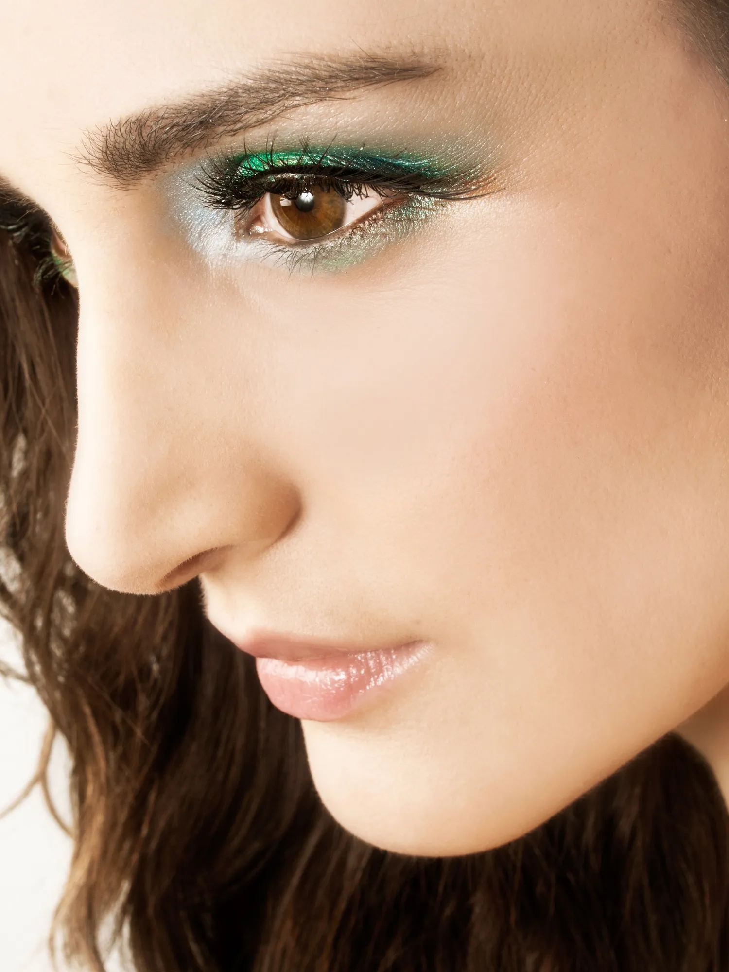 Portrait of a brunette woman model in in a foreground view