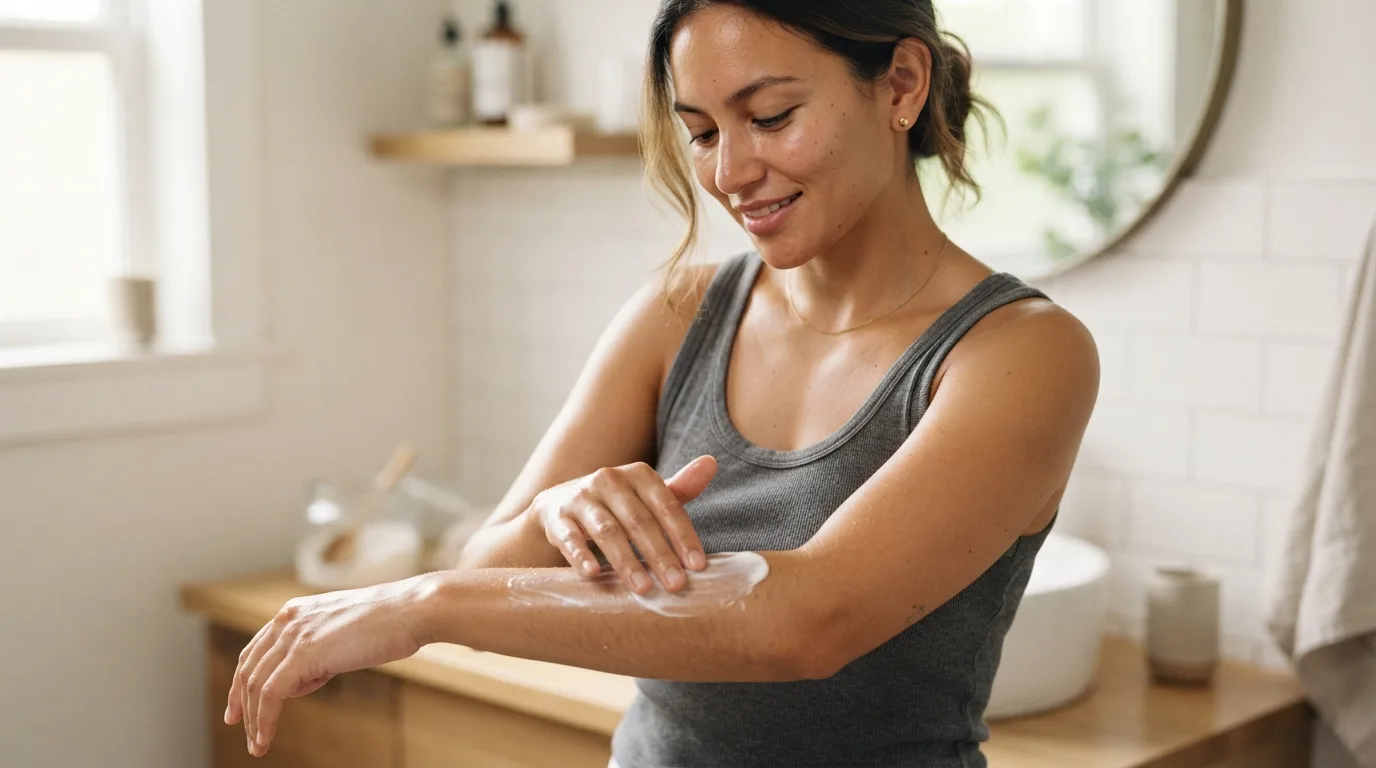 a woman applying body lotion to her arm in a bathroom