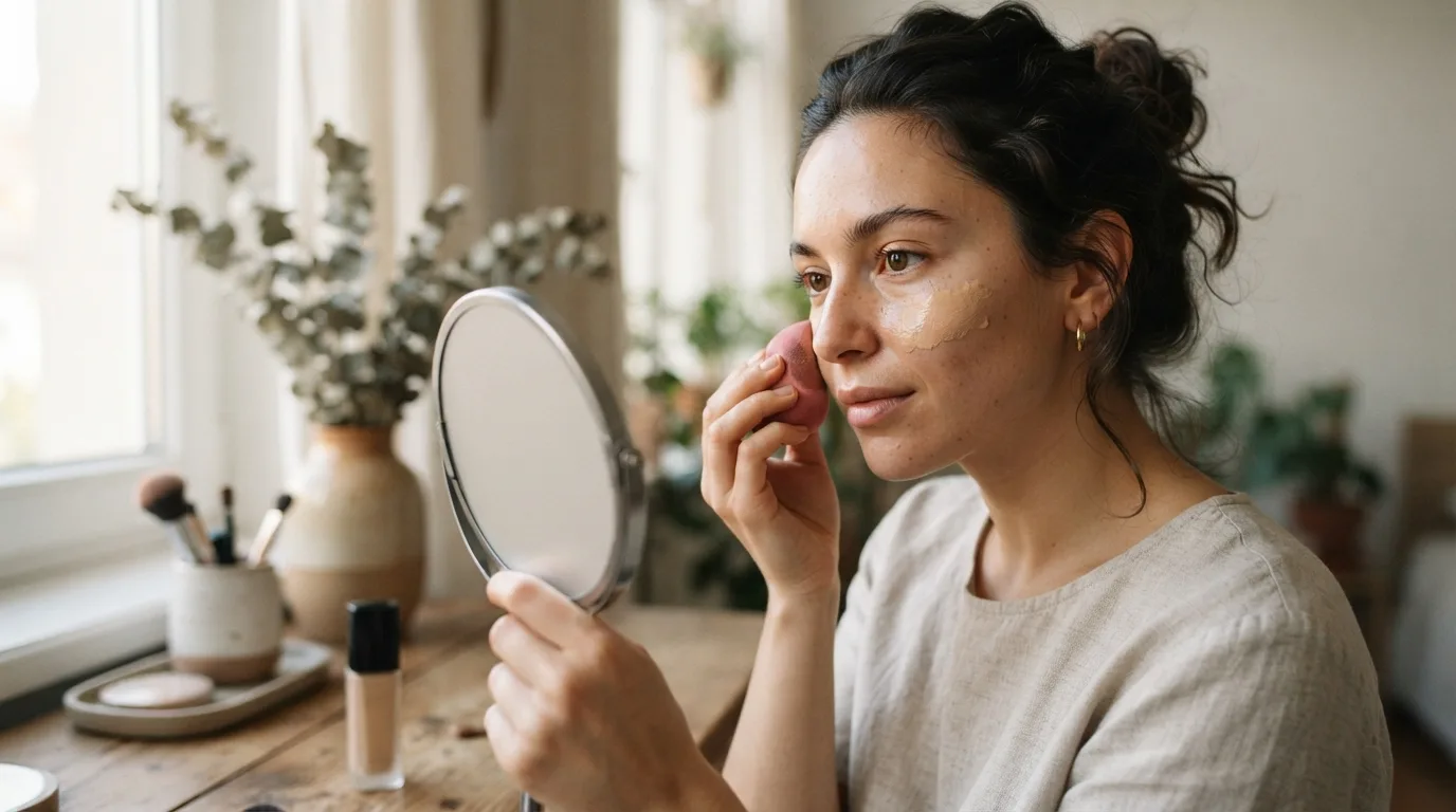 a woman applying foundation to her face
