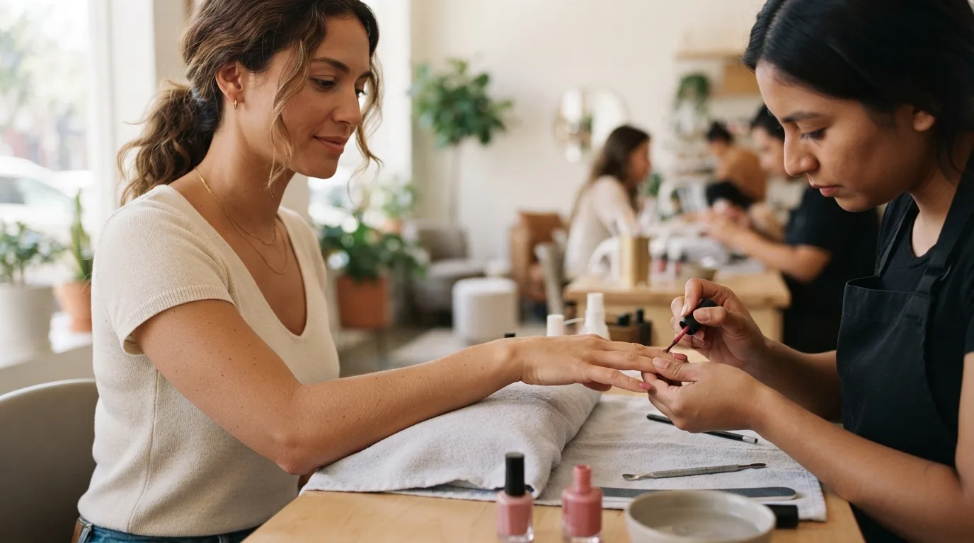 a woman having her nails painted at a salon