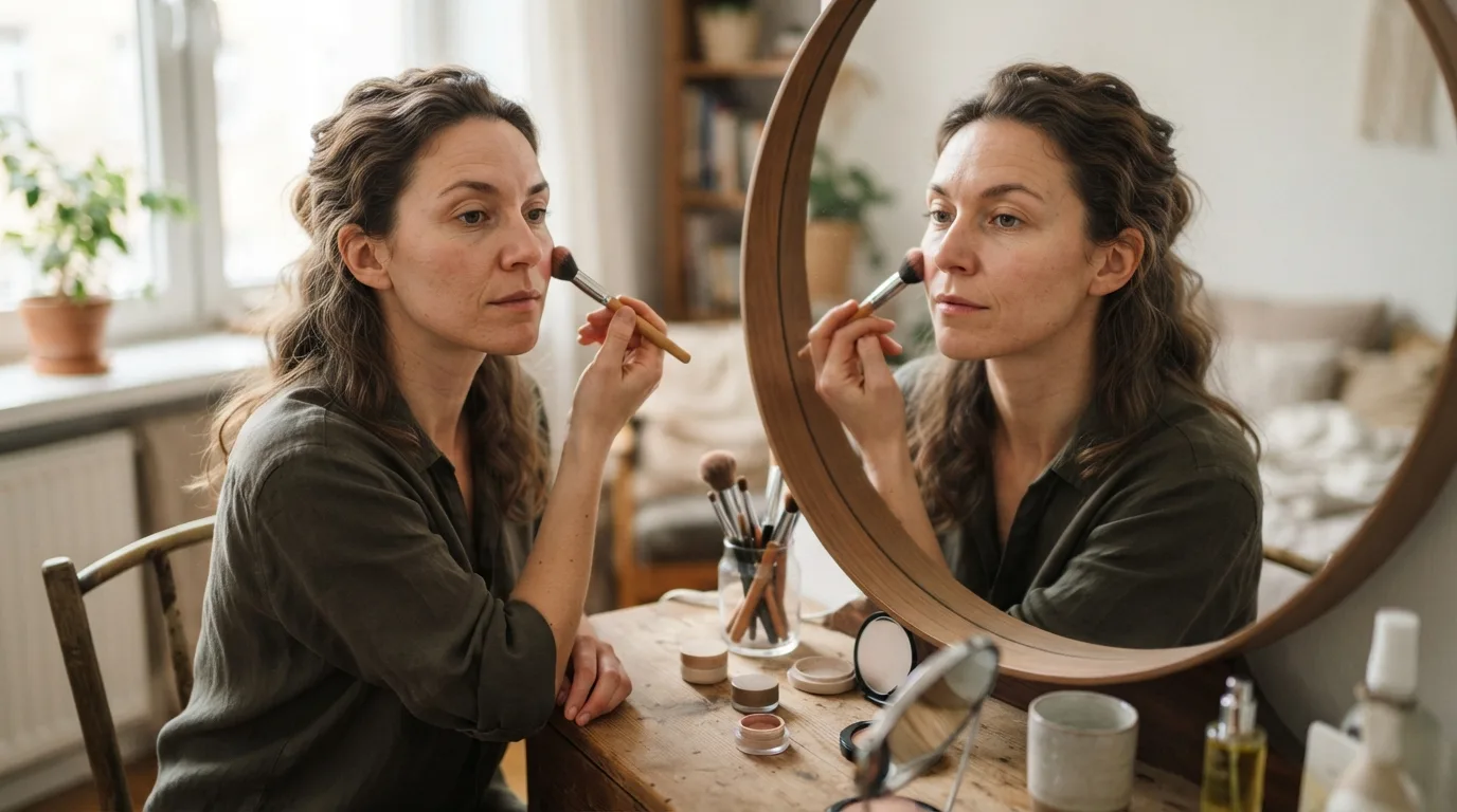 a woman applying makeup with a brush in front of a mirror