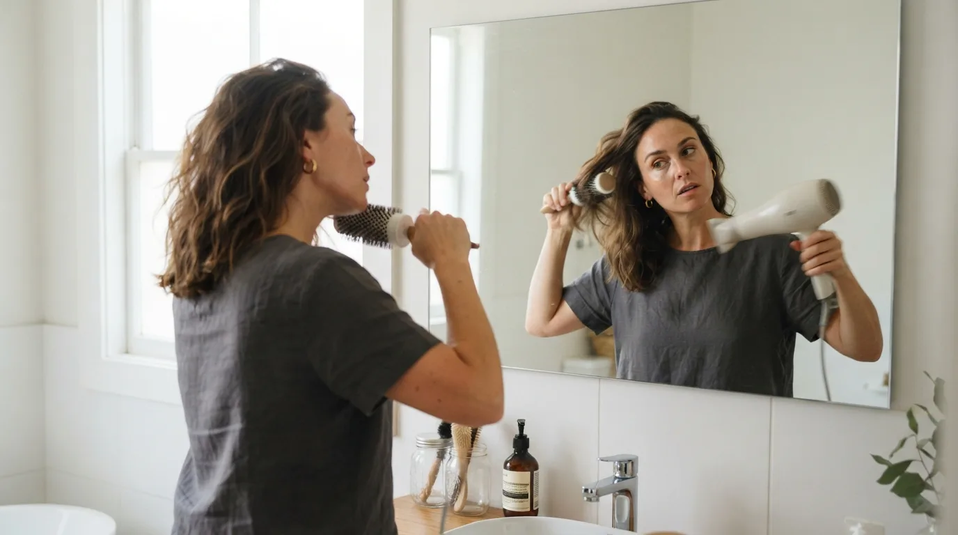 a woman styling her hair in front of a mirror