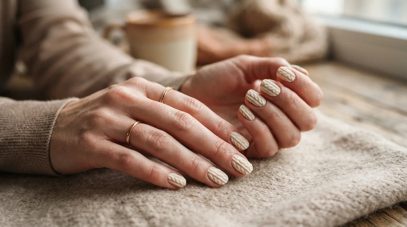 a woman's hands with nail art styled like a knitted sweater