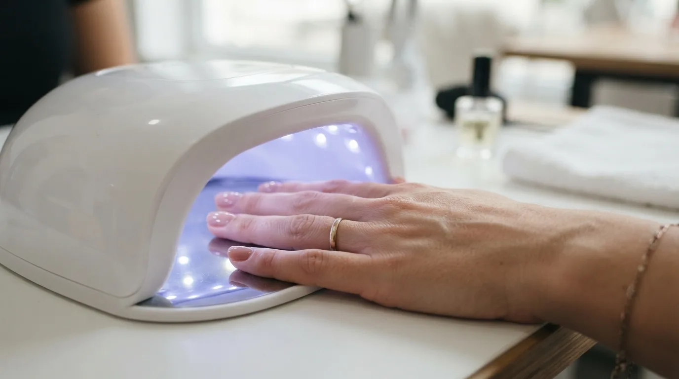 a woman's hand under a UV nail lamp