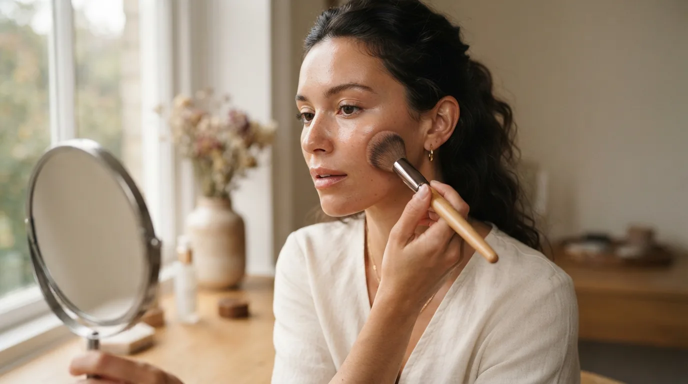 a woman applying bronzer to her face with a makeup brush