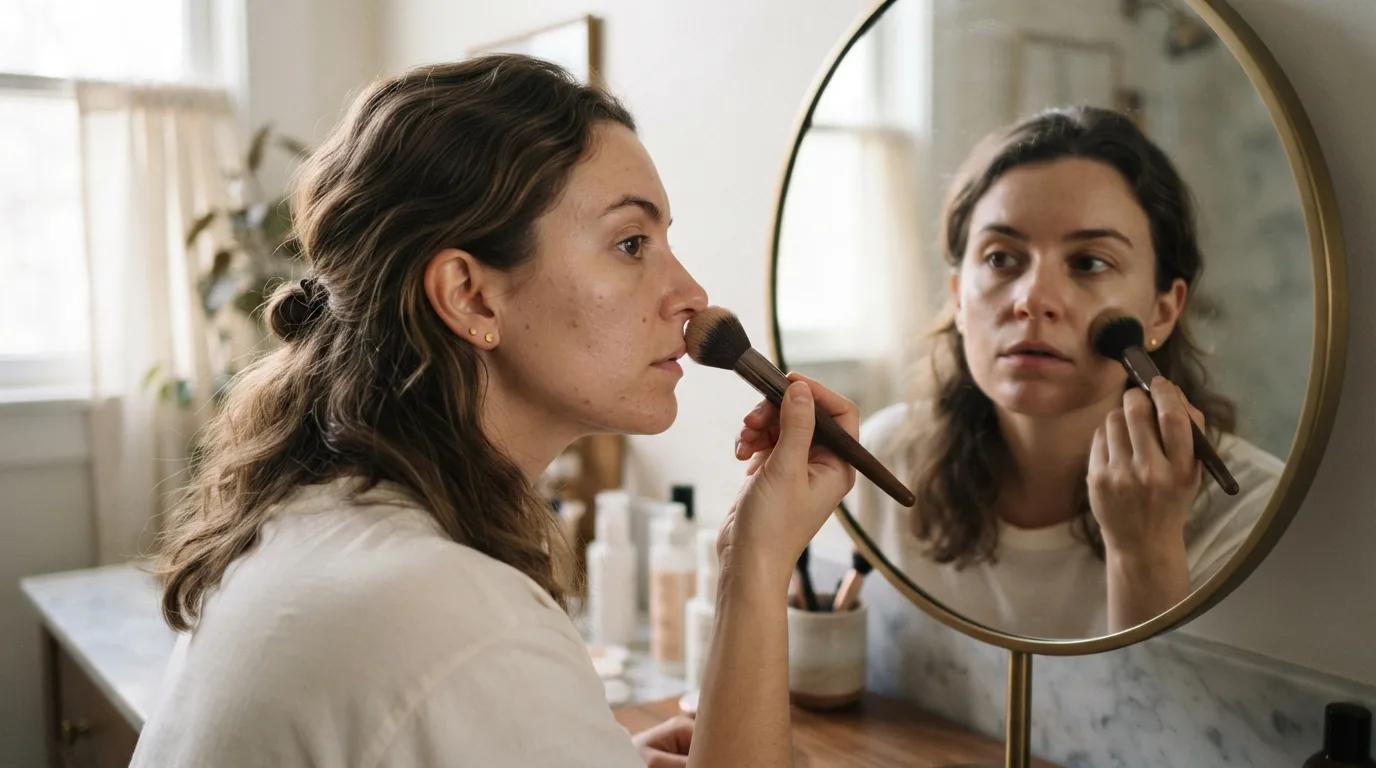 a woman applying foundation with a brush in front of a mirror