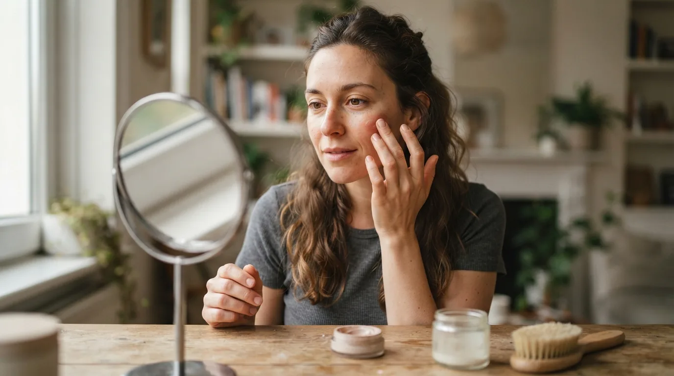 a woman applying makeup with her fingers