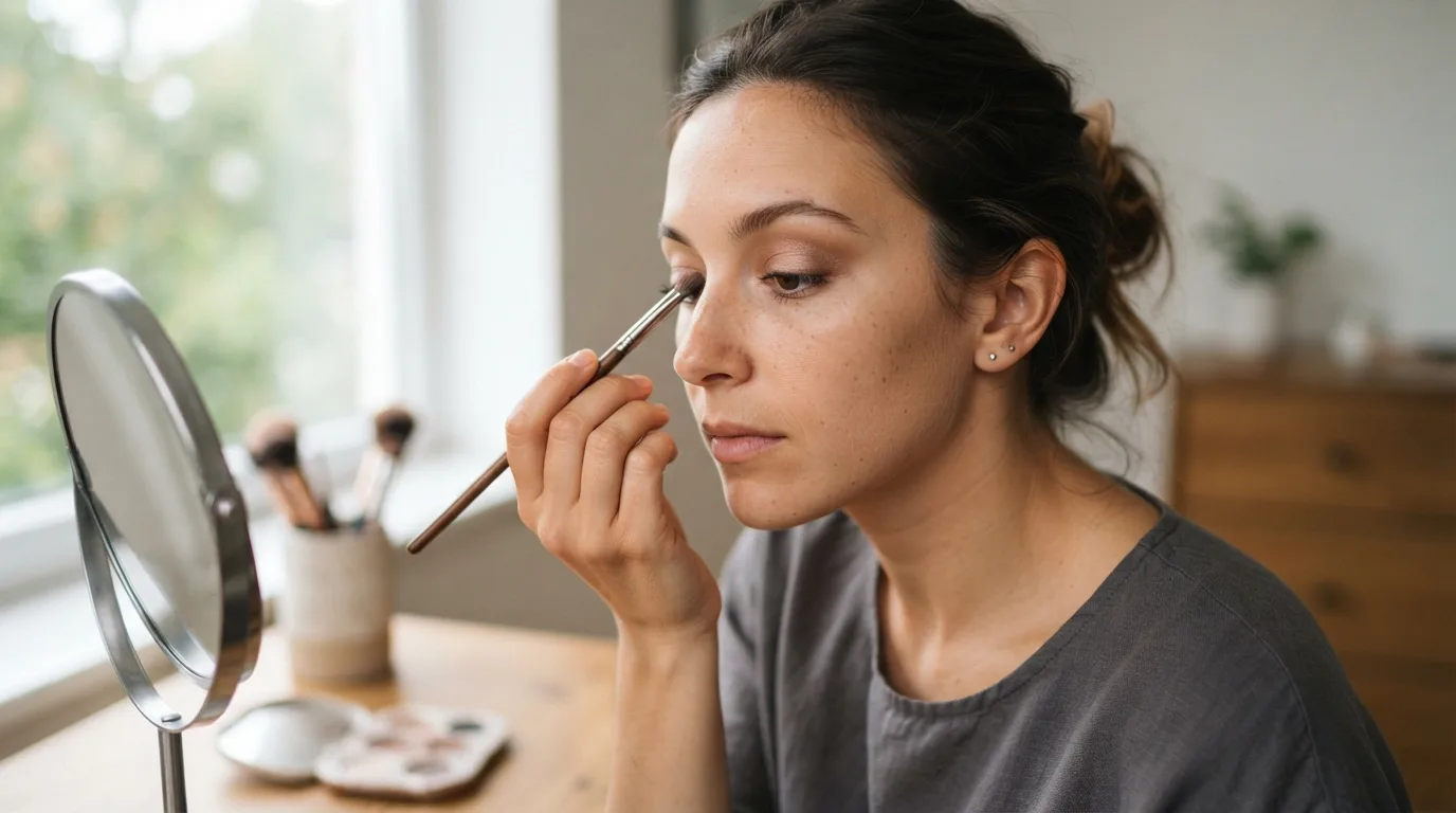 a woman applying eyeshadow to her eye