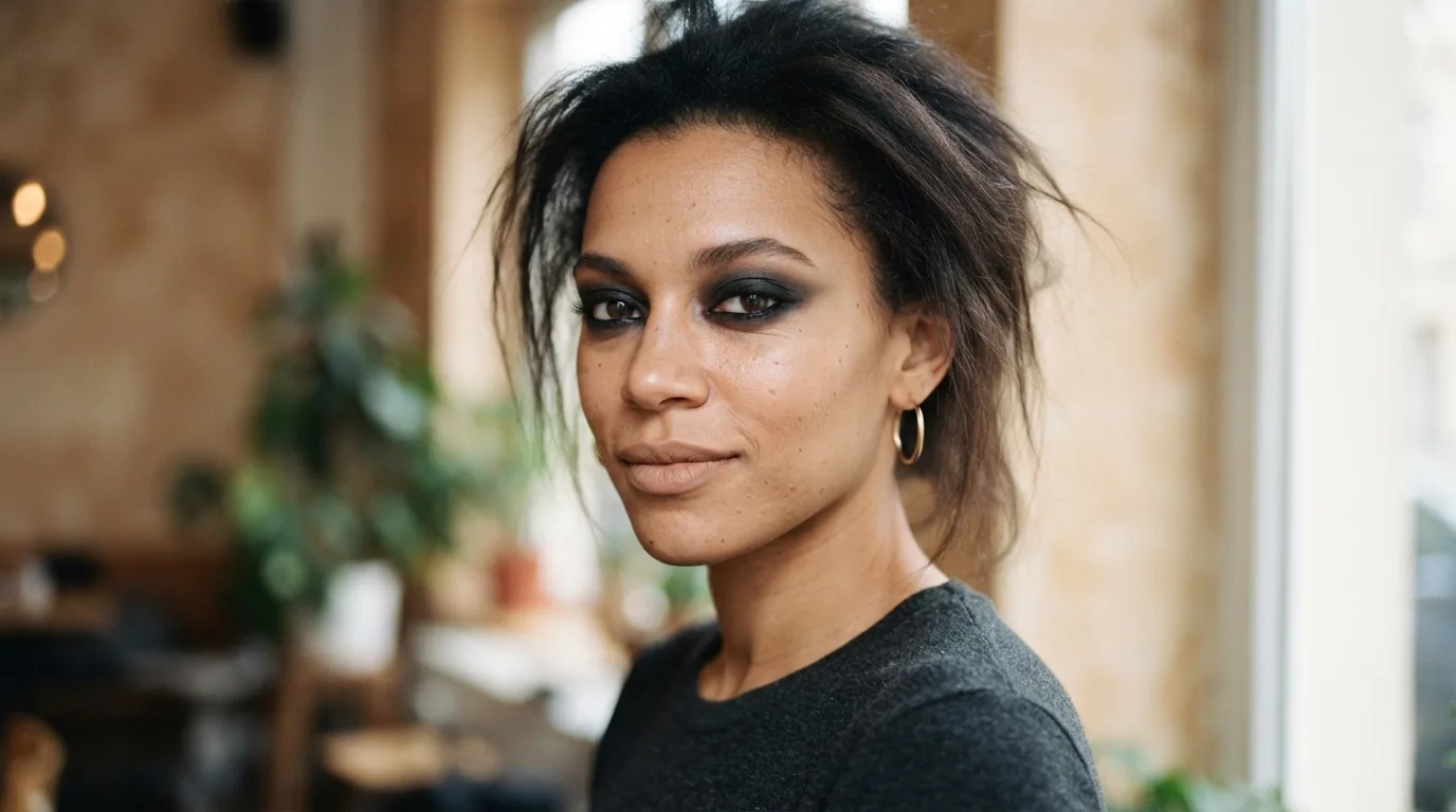 a woman with dark, smoky eye makeup