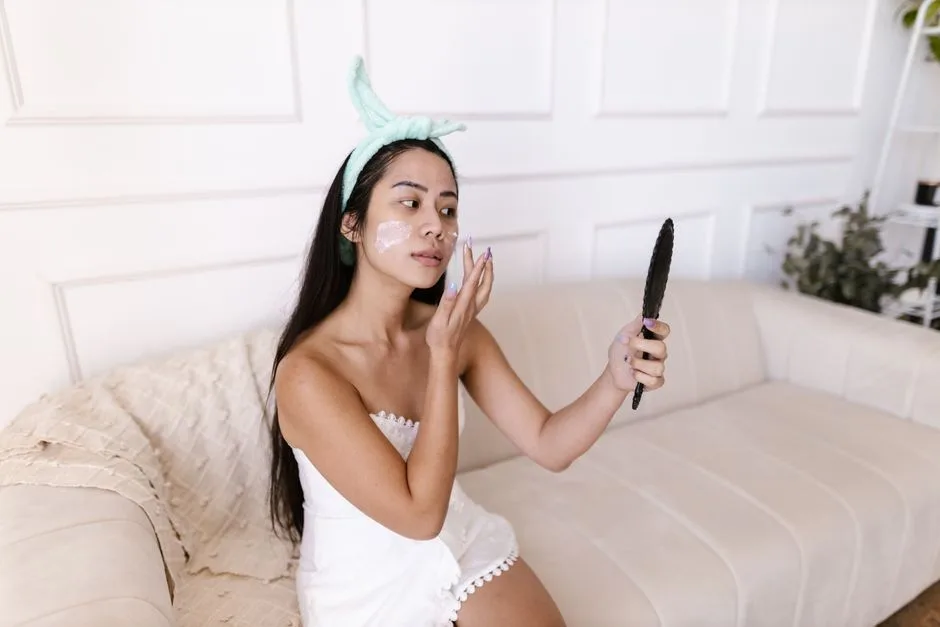 Asian woman in a towel applying face cream while looking in a handheld mirror indoors.