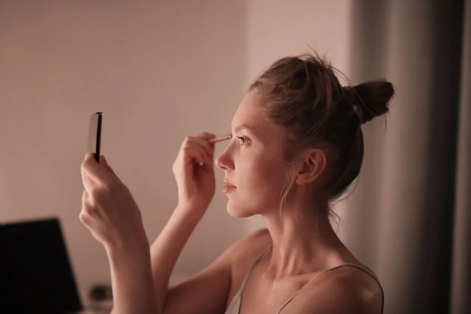 A woman applying makeup using a handheld mirror in a softly lit room.