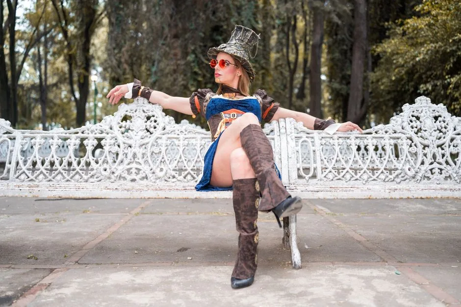 A woman in a steampunk costume relaxing on a vintage bench outdoors. Unique fashion statement.
