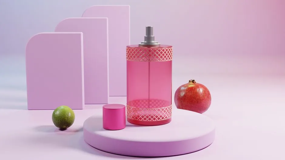 Elegant pink perfume bottle with pomegranate and lime on a pastel background.