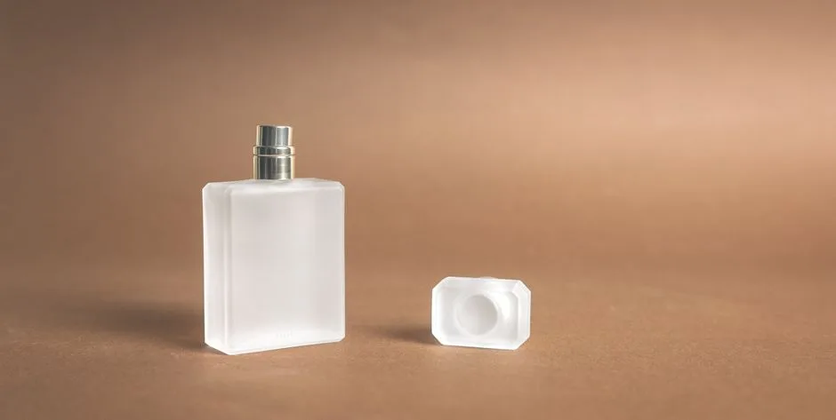 Elegant frosted transparent perfume bottle with cap on smooth brown background.