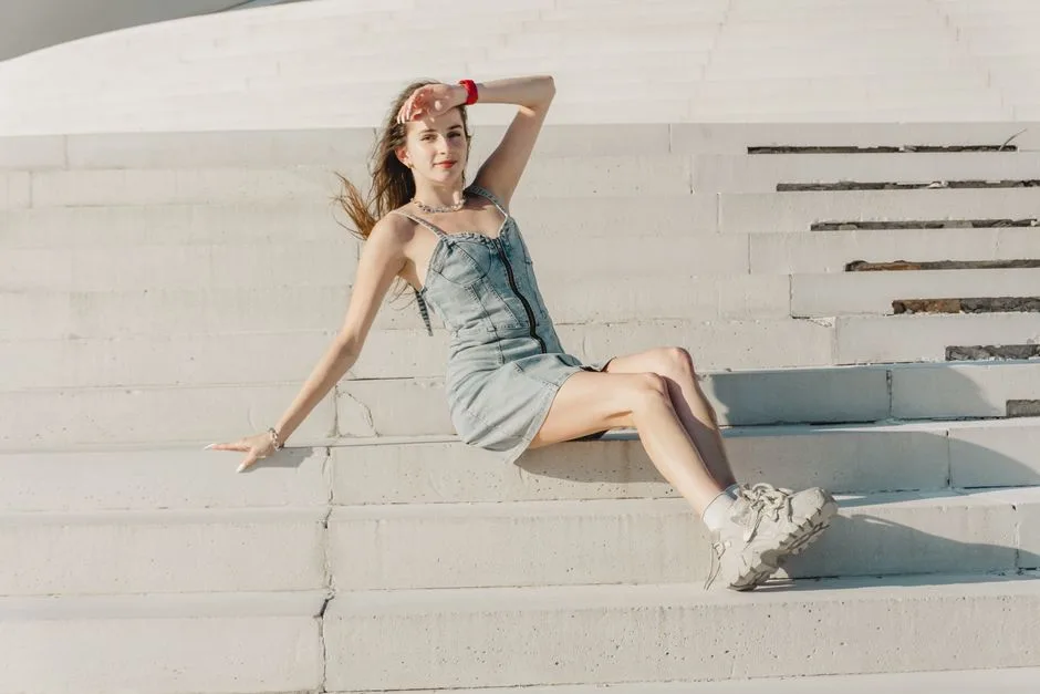 Woman in a denim dress sitting on sunlit stairs, exuding summer fashion vibes.