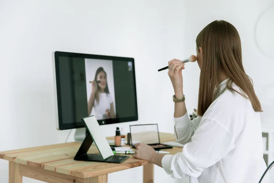 Young woman applying makeup while following an online beauty tutorial on a computer screen.