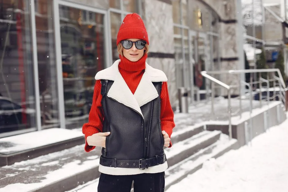 A stylish woman in a red beanie and leather jacket poses confidently on a snowy city sidewalk.