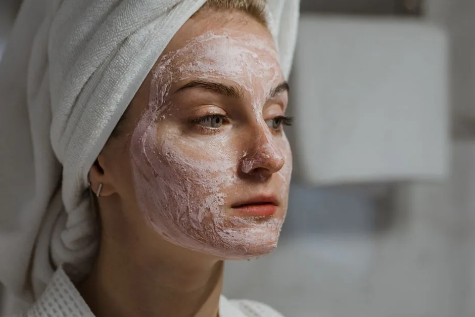 A woman applies a facial cream as part of a relaxing skincare routine indoors.