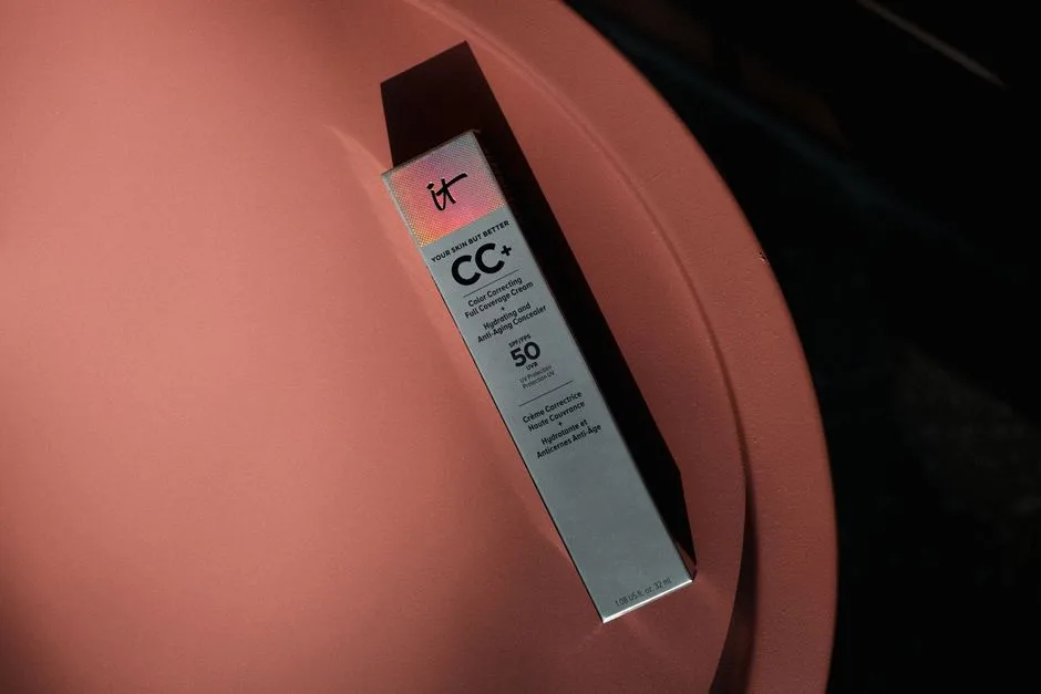 Elegant packaging of a CC+ cream with SPF 50 on a modern, colored table.