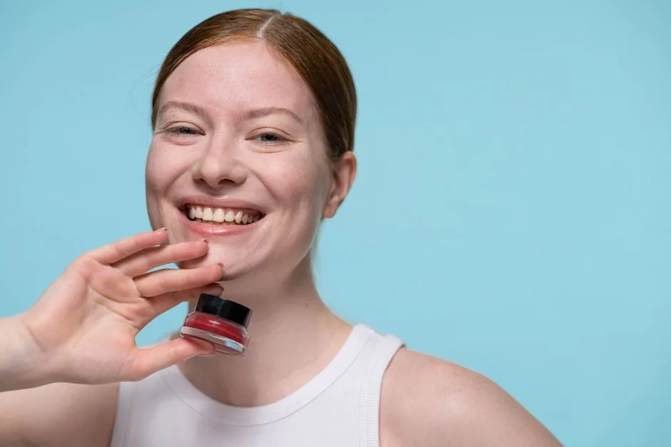 Cheerful woman holding a small tub of red cream against a blue background in a studio shoot.