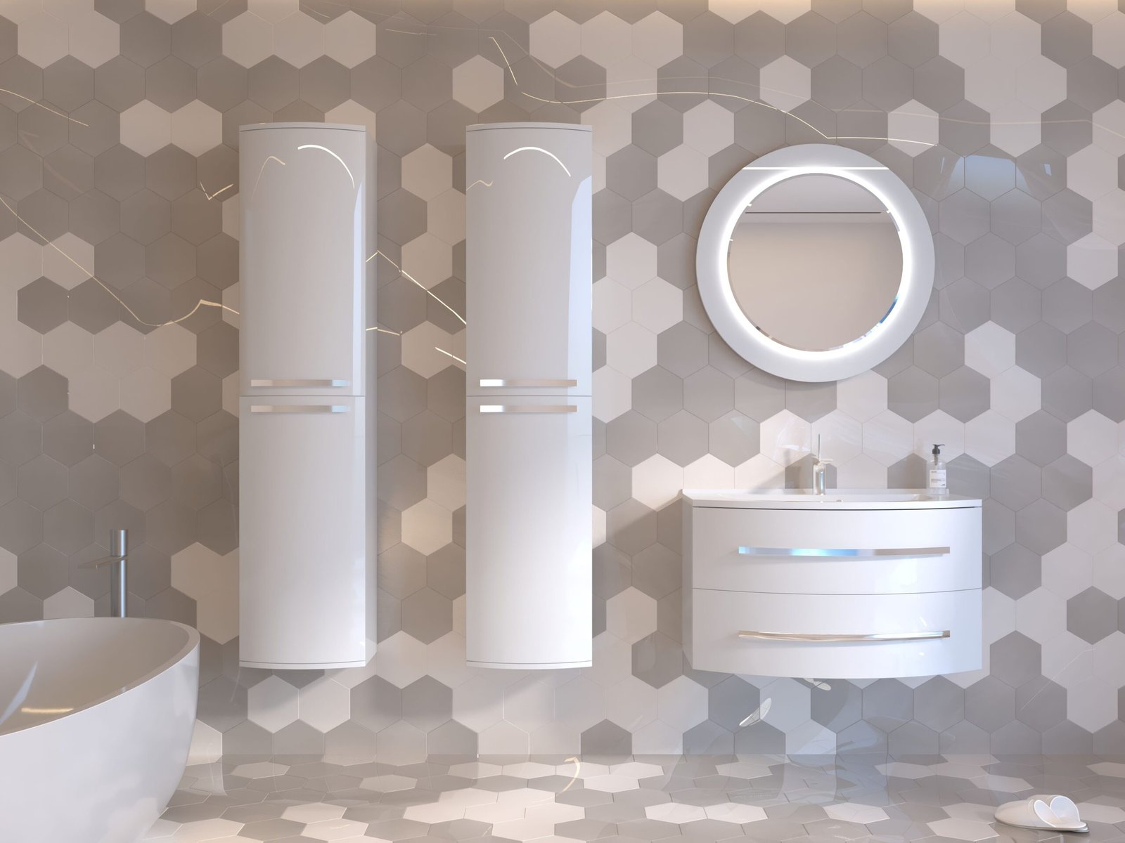 Stylish bathroom design featuring hexagonal tiles, modern fixtures, and elegant lighting.