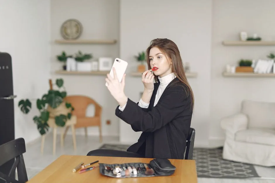 Young female blogger in trendy outfit sitting at table and using lipstick while having video chat on mobile phone in contemporary apartment
