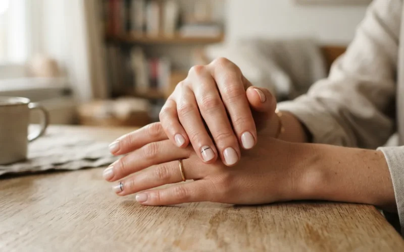 a woman's hands with minimalist nail art