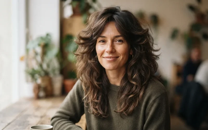 a woman with voluminous layered hair