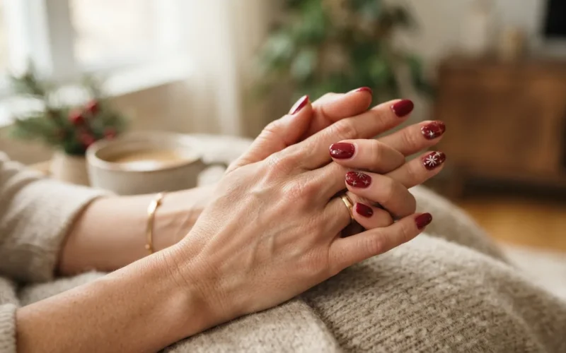 a woman's hands with festive nail art