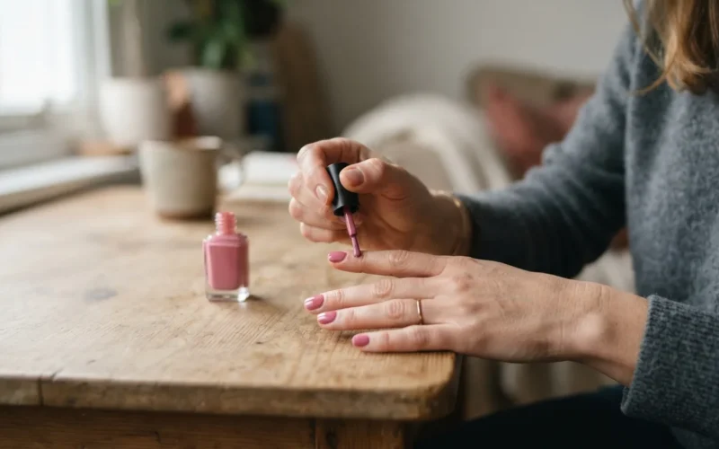 a woman applying nail polish to her nails