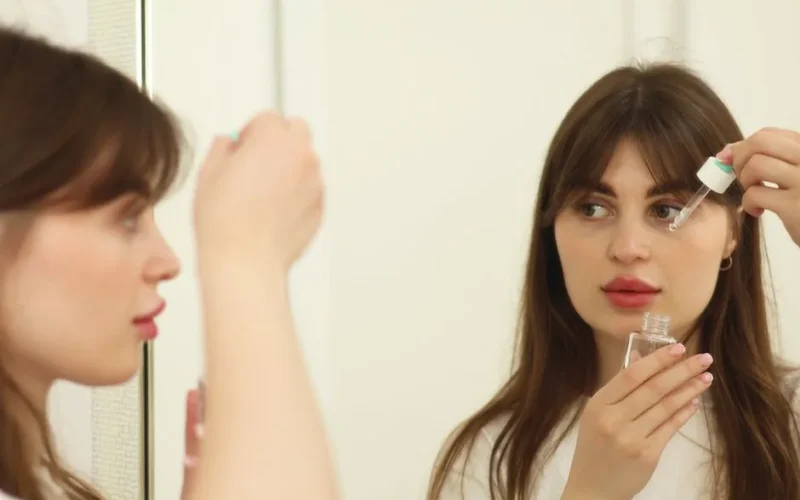 A young woman applying skincare serum in front of a mirror indoors. Perfect for beauty and self-care themes.