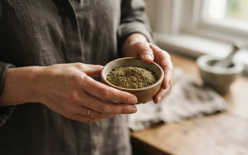 a person holding a small bowl of herbal powder