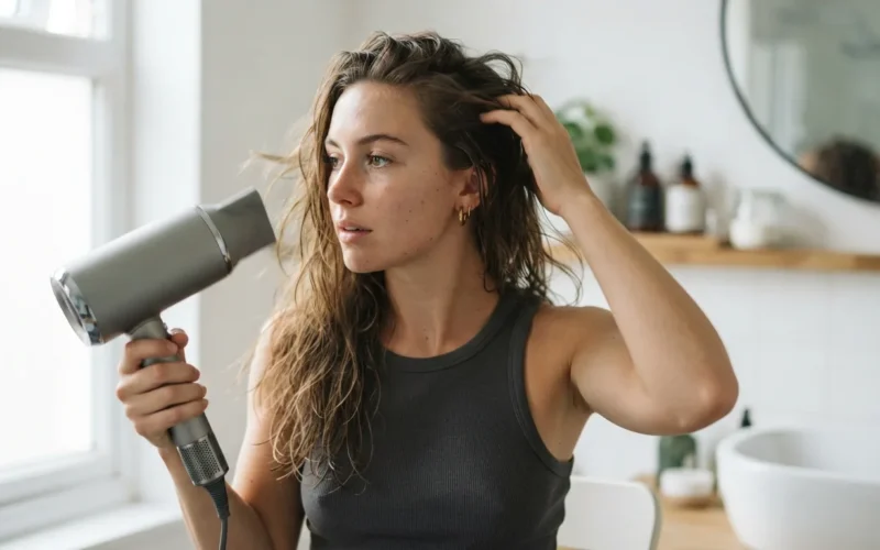 a woman drying her hair with a modern hair dryer