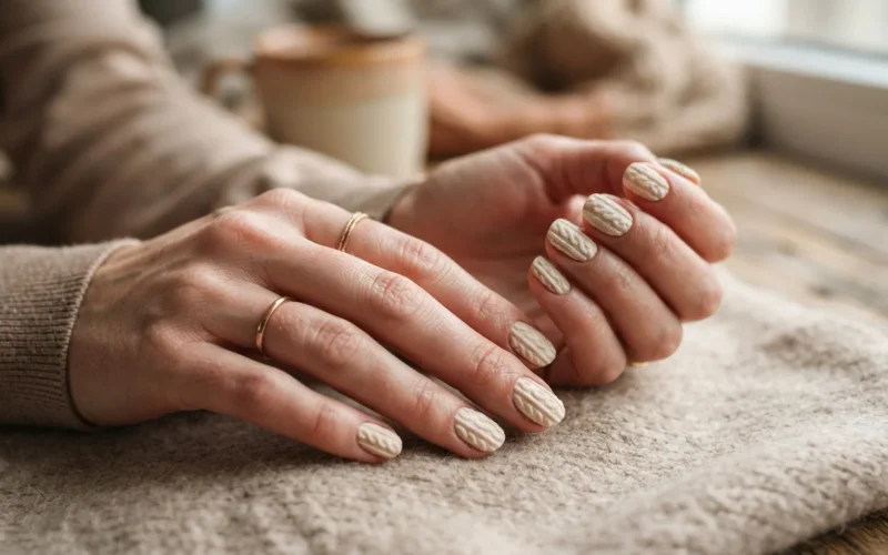 a woman's hands with nail art styled like a knitted sweater