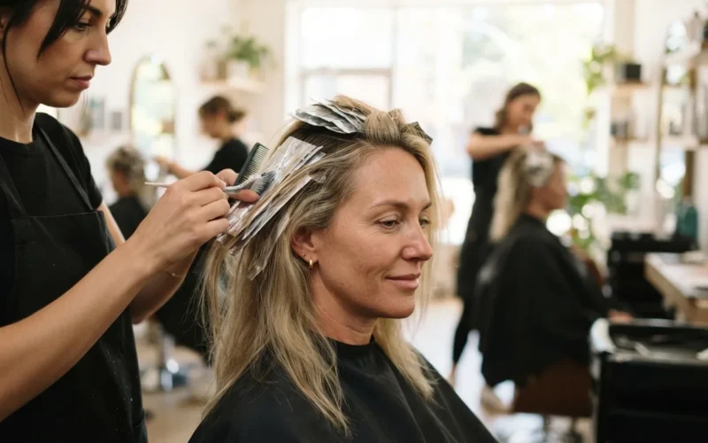 a woman with blonde hair having highlights applied