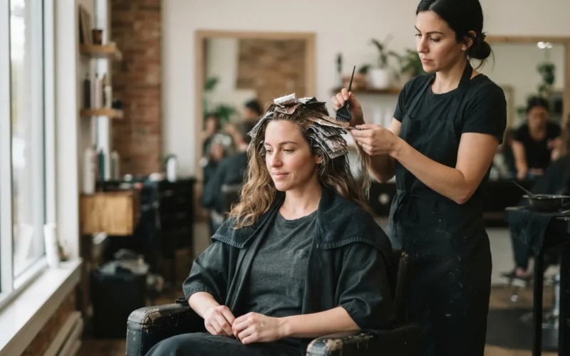 a woman having her hair colored at a salon