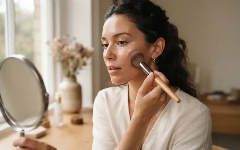 a woman applying bronzer to her face with a makeup brush