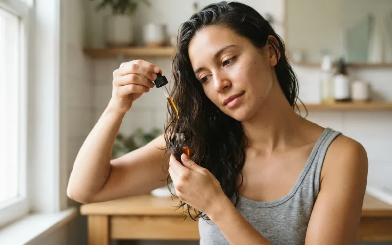 a woman applying oil to her hair