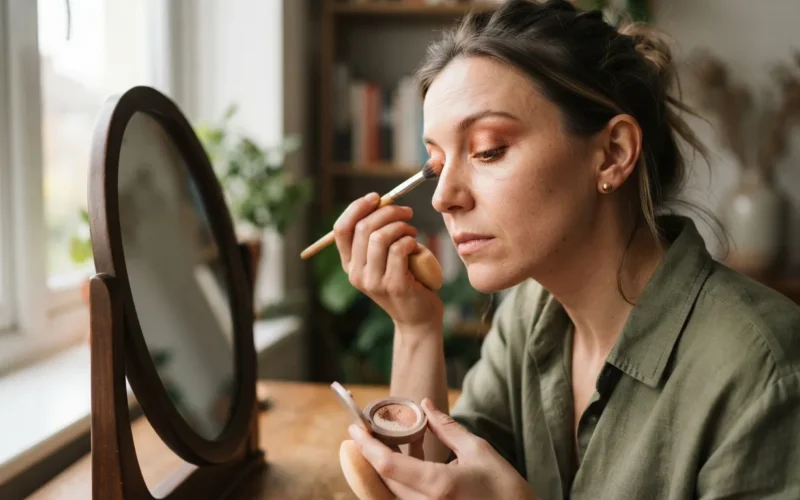 a woman applying eyeshadow with a brush