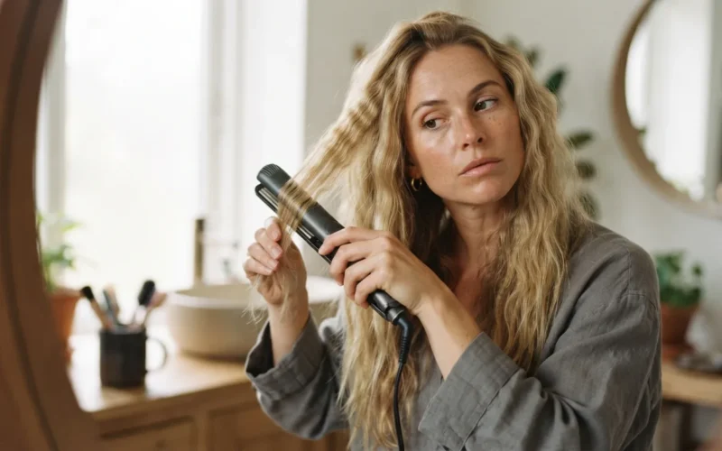 a woman styling her hair with a crimping iron