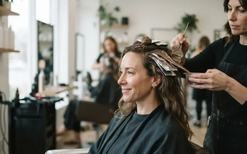 a woman having her hair colored at a salon